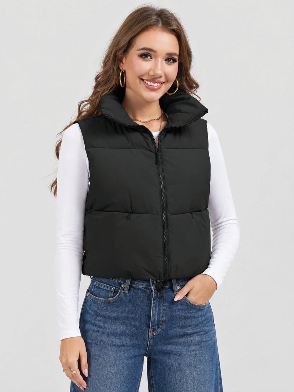 Cropped Black Puffer Vest with High Stand Collar